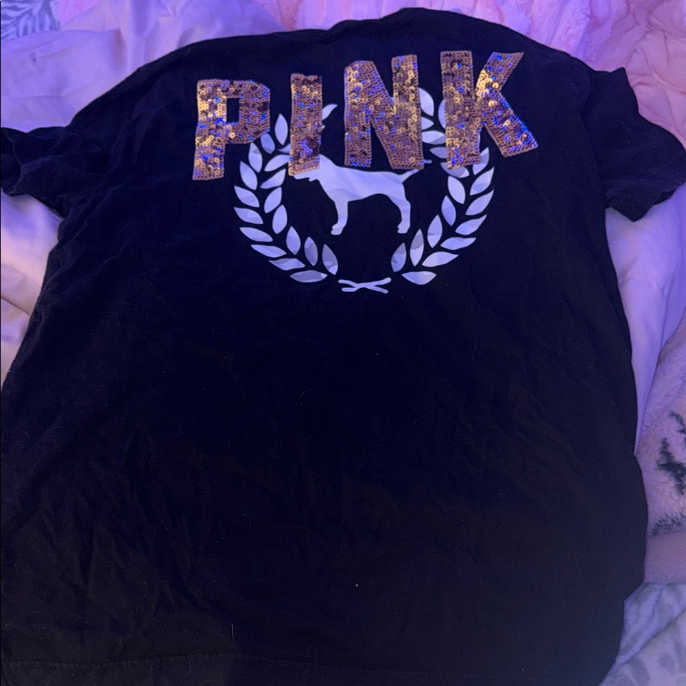 PINK Victoria's Secret Black Tee with Gold Dog size S